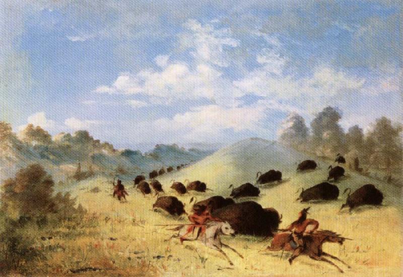 George Catlin Comanche Indians Chasing Buffalo with Lances and Bows France oil painting art